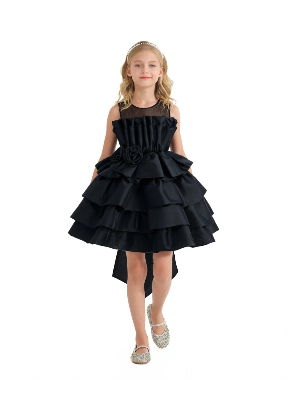 Tuleen Tiered Bow Dress Black Ruffle Big Kid Black Prom Graduation Glam Size 14